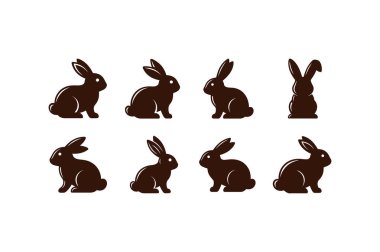 Beyaz arka planda farklı pozisyonlarda sekiz kahverengi tavşan silueti