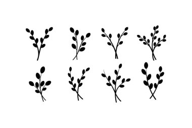 Özdeş sekiz bitki dalı silueti düz beyaz bir arkaplanda iki sıra halinde dizilmiş.