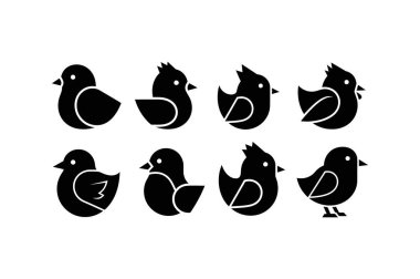 Farklı pozisyonlarda sekiz siyah kuş silueti, sade beyaz arka planda eşsiz şekiller ve özellikler sergiliyor.
