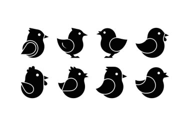 Siyah kuş siluetlerinden oluşan bir grup iki sıra halinde, birbirlerine dönük, beyaz bir arkaplanda..