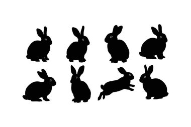 Yedi siyah tavşan silueti beyaz arka planda farklı açılar ve hareketler sergiliyor.