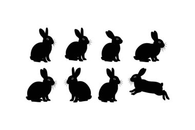 Oturup zıplayan yedi siyah tavşan silueti sade beyaz bir arka planda duruyor.