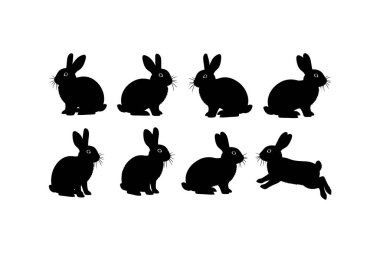 Yedi siyah tavşan siluetinden oluşan bir grup beyaz arka planda iki sıra halinde dizilmiş, çeşitli tavşan pozları sergiliyorlar..