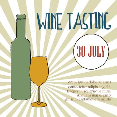 -Bir şişe şarap ve cam ile Retro vektör poster. Vintage tarzı yazı ifade ile şarap tadımı.