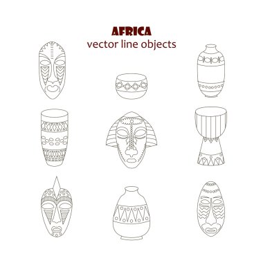 İnce çizgi simgeler tipik dekoratif Afrika maskeleri, folklorik sürahi ve etnik davul ile ayarlayın. Beyaz arka plan üzerinde izole