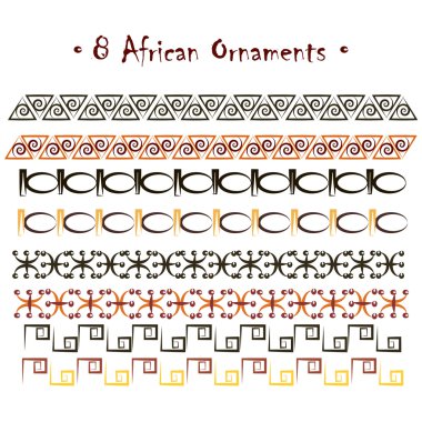 Set of eight abstract hand-drawn ethnic African ornaments: black, red, umber and yellow sketches. Isolated on white background clipart