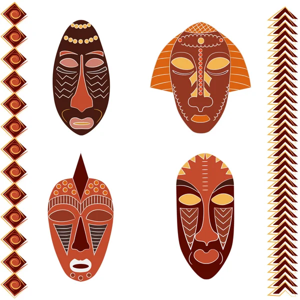 Ensemble de quatre masques africains décoratifs typiques vectoriels et ornements ethniques de frontière sud-africaine stylisés à la main — Image vectorielle