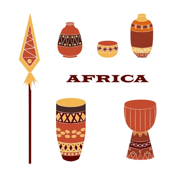 Conjunto de artículos africanos más populares: jarras decorativas, tambores, lanza vudú con adornos y elementos folclóricos . — Vector de stock