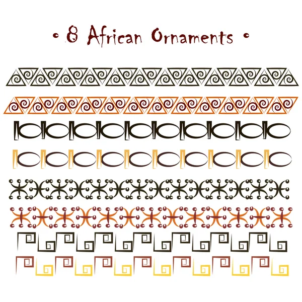 Ensemble de huit ornements abstraits d'origine africaine dessinés à la main : croquis noirs, rouges, sombres et jaunes. Isolé sur fond blanc — Image vectorielle