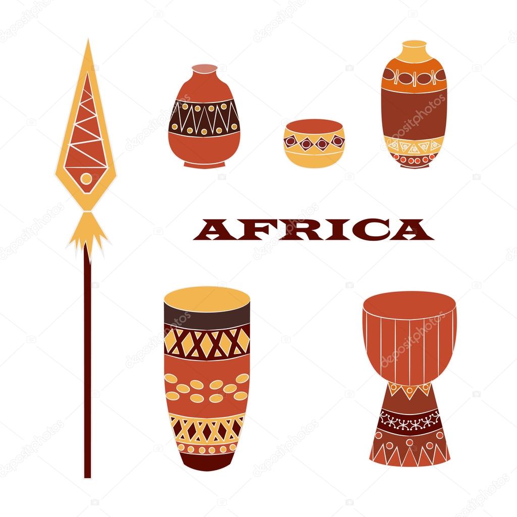 Set of most popular African items: decorative pitchers ...