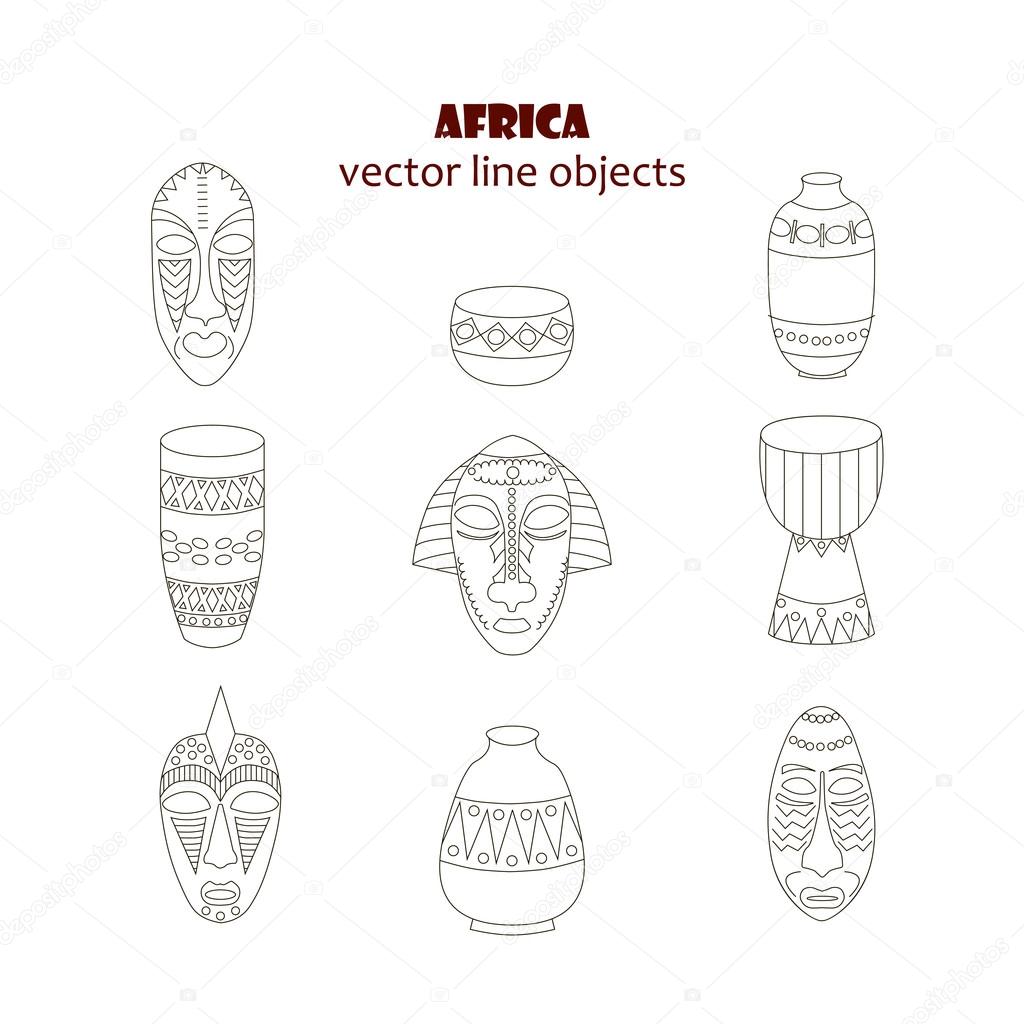 Thin line icons set with typical decorative african masks, folkloric pitchers and ethnic drums. Isolated on white background