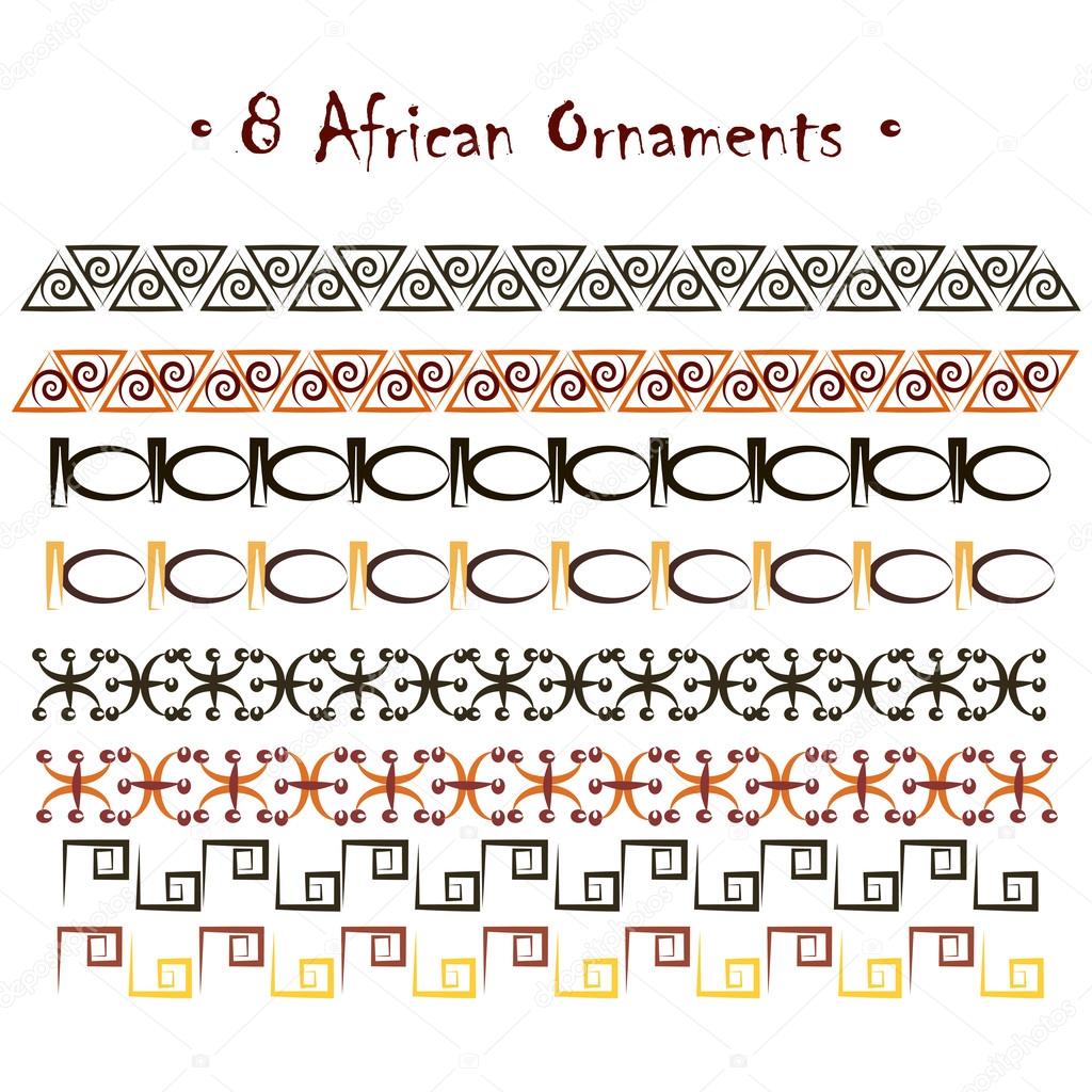 Set of eight abstract hand-drawn ethnic African ornaments: black, red, umber and yellow sketches. Isolated on white background