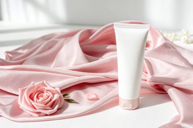 Beyaz bir tüp pembe ipek, bir gül ve incilerle beyaz bir yüzeyde duruyor. Yumuşak ışık lüks ve kadınsı bir estetik yaratır..