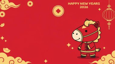  Altın yeleli kırmızı at, geleneksel kırmızı ve altın rengi bir kıyafet giyiyor, 2026 'da Çin Yeni Yılı' nı kutluyor..