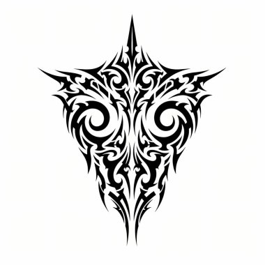 Çarpıcı bir kabile dövmesi tasarımı koyu siyah çizgiler, girdap desenleri, sivri uçlar, büyüleyici ve simetrik bir görüntü yaratıyor..