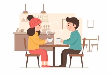 Bir çift bir kafede bir masada oturup sıcak, davetkar bir atmosferde kahve ve sohbetin tadını çıkarıyor. Vektör illüstrasyonu.