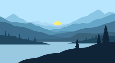 Önünde bir göl olan bir dağ silsilesinin minimalist bir çizimi ve uzaktan yükselen bir güneş huzurlu bir manzara yaratıyor..