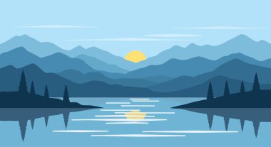 Gün doğumunda sakin bir göle yansıyan sakin bir dağ silsilesi huzur ve doğal güzelliği çağrıştırıyor..