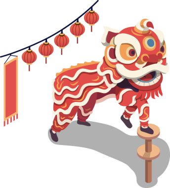 Aslan dansı performansı izometrik illüstrasyon