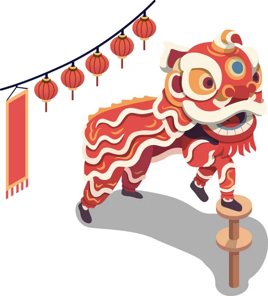 Aslan dansı performansı izometrik illüstrasyon