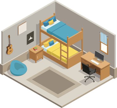 Ergen çocuk yatak odasının içinde ranza var.