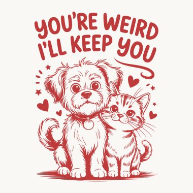 Komik bir en iyi arkadaş tişört tasarımı vektörü. Yanında sevimli bir kedi ve köpek ve 