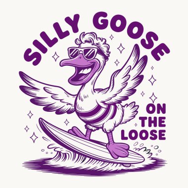 Funny retro t shirt design featuring a silly goose surfing on a wave with cool sunglasses and a big smile Perfect for humor fans and beach lovers this vintage style illustration combines playful animal charm and summer fun in a trendy hand drawn mono