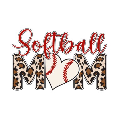 softball mom vector design with leopard print letters and heart shaped softball graphic perfect for proud sports moms funny and stylish artwork for t shirt print sticker or poster ideal for game day softball fans family supporters and trendy athletic