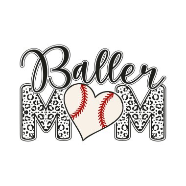 Trendy baller mom design featuring leopard print letters and a heart shaped baseball graphic. Perfect sporty t shirt design for proud moms and family fans. Vintage inspired vector artwork for apparel, mugs, and posters. Fun fashionable design with te