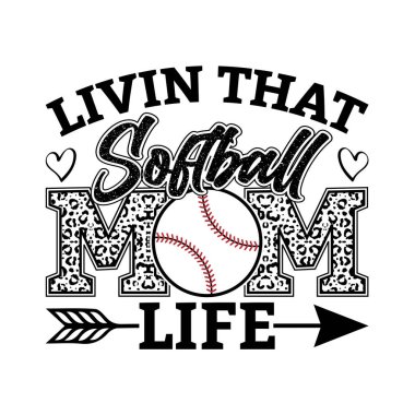 Trendy softball mom life design with bold leopard print letters, softball graphic, hearts, and arrow accents. Perfect stylish t shirt design for proud moms and sports fans. Modern vintage vector art for apparel, mugs, and posters. Fun and energetic d