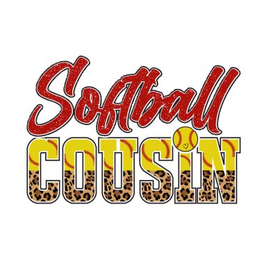 Trendy softball cousin t shirt design featuring bold lettering with softball stitching and leopard print details Perfect for family supporters and sports fans this fun vintage style illustration blends athletic energy fashion flair and family pride i