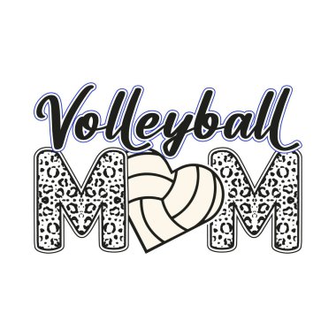 Moda voleybol anne tasarımı. Leopar desenli yazı ve kalp şeklinde voleybol. Gururlu anneler ve hayranlar için mükemmel.