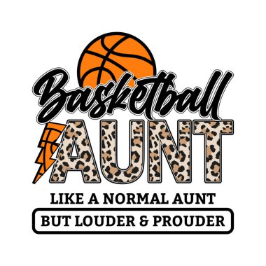 Kalın leopar desenli ve turuncu basketbol grafikli bir Basketbol teyzesi tasarımı. Spor düşkünü teyzeler, aile hayranları ve maç kıyafetleri için mükemmel. Takım ruhunu kutlamak için tişörtler, kapüşonlular, kupalar ve dijital indirmeler için ideal 