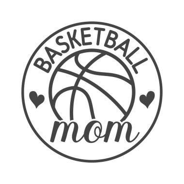 Kalbi ve basketbol grafiği olan şık minimalist basketbol anne dairesi tasarımı. Sportif anneler için mükemmel takım gururu. Tişörtler, kupalar, çıkartmalar ve süblimleşme projeleri için ideal. Basketbolu seven gururlu anneler için basit modern sanat