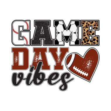 Renkli Game Day Vibes dizaynı beysbol, futbol, futbol ve leopar desenli karışık spor modelleri içeriyor. Oyun günü hayranları için mükemmel, spor kıyafetleri, tişört baskısı, süblimleşme, vinil el sanatları, spor yaşam tarzı, ve modaya uygun dijital yer.