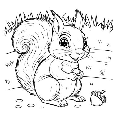 Sevimli sincap çizgisi tasarımı çimenli bir sahnede meşe palamudu tutuyor. Boyama sayfaları, hikaye kitapları ve çocuk projeleri için mükemmel. SVG dosyaları, baskılar ve el sanatları için idealdir. Şirin orman hayvanları ve siyah giyimli dostane doğa çizimleri içerir.