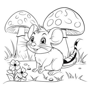 Bir orman sahnesinde mantar ve çiçeklerle çevrili sevimli çizgi film faresi. Boyama sayfaları, çocuk kitapları ve dijital baskılar için harika bir çizgi çizimi. Çocuklar, eğitim ve yaratıcı sanat projeleri için eğlenceli ve arkadaş canlısı hayvan çizimleri