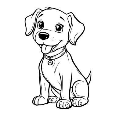 Tasmalı ve mutlu yüzlü neşeli bir köpeğin yer aldığı sevimli bir çizgi film çizgisi tasarımı. Boyama sayfaları, tişört baskısı, süblimleşme, vinil el işi, çocuk sanatı, evcil hayvan tasarımları ve dijital indirmeler için mükemmel. Köpek severler ve şirin hayvanlar için harika.