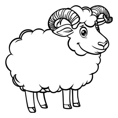 Siyah beyaz çizgili yumuşak yün ve kıvırcık boynuzları olan sevimli çizgi film çizgi film vektör çizimi. Çocukları boyamak için mükemmel sayfalar, çiftlik hayvanı resimleri, tişörtler, çıkartmalar ve dijital indirmeler. Çocuklar için eğlenceli yaratıcı sanat eserleri, hayvan severler,