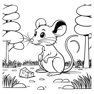 Bir orman sahnesinde peynirin yanında oturan küçük bir çizgi roman faresinin yer aldığı şirin bir fare çizimi. Boyama sayfaları, hikaye kitapları, el sanatları ve eğitim sanatı için mükemmel. Parmak izleri, çıkartmalar ve sevimli orman hayvanlarını gösteren dijital tasarımlar için harika.