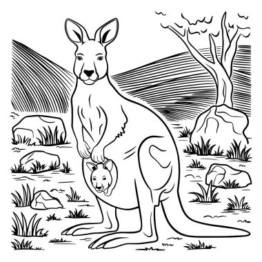 Güzel bir kanguru çizgisi tasarımı. Anne bir kanguru ve yavrusu Joey 'nin doğal doğa manzarası. Boyama sayfaları, eğitim sanatı, svg el sanatları ve vahşi yaşam çizimleri için mükemmel. İzler ve vektör çizimleri için harika bir kutlama.