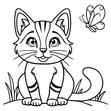 Mutlu bir kedinin kelebek ile çimlerin üzerinde oturduğu sevimli kedi yavrusu çizimi. Çocukları boyamak için mükemmel sayfalar, hayvan resimleri ve eğitim projeleri. Posterler, basılabilir tablolar ve evcil hayvanlara olan sevgiyi kutlayan dijital tasarımlar için harika.