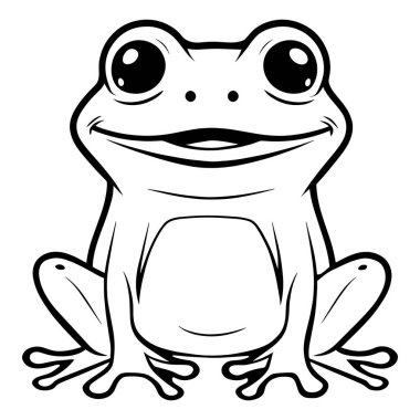 Büyük gözleri ve siyah beyaz çizgili mutlu gülüşü olan sevimli kurbağa vektör çizimi. Çocukları boyamak için mükemmel sayfalar, hayvan öğrenme malzemeleri, çocuk resimleri, çıkartmalar ve dijital indirmeler. Yaratıcı çocuk için eğlenceli amfibi tasarımı