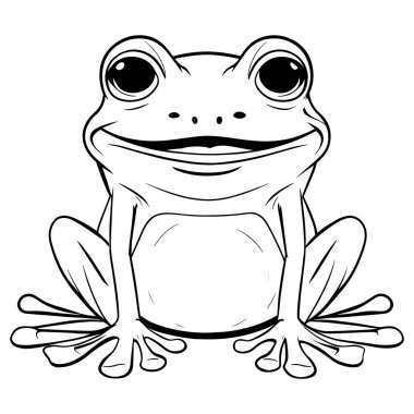 Büyük gözleri ve siyah beyaz çizgili mutlu gülüşü olan sevimli kurbağa vektör çizimi. Çocukları boyamak için mükemmel sayfalar, hayvan öğrenme malzemeleri, çocuk resimleri, çıkartmalar ve dijital indirmeler. Yaratıcı çocuk için eğlenceli amfibi tasarımı