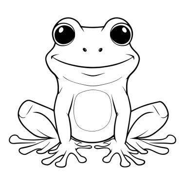 Büyük gözleri ve siyah beyaz çizgili mutlu gülüşü olan sevimli kurbağa vektör çizimi. Çocukları boyamak için mükemmel sayfalar, hayvan öğrenme malzemeleri, çocuk resimleri, çıkartmalar ve dijital indirmeler. Yaratıcı çocuk için eğlenceli amfibi tasarımı