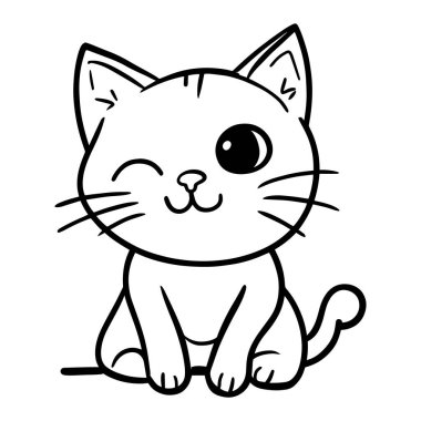 Sevimli, göz kırpan kedi çizgisi çizimi, büyük gözleri ve oyuncu tarzı var. Boyama sayfaları, tişört baskısı, süblimleşme, vinil el sanatları, duvar resimleri ve dijital indirmeler için mükemmel. Kedi severler, çocuk projeleri ve çizgi film temalı şirin hayvanlar için harika. 