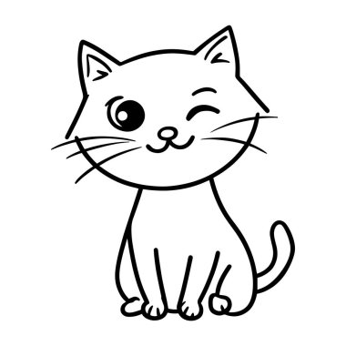 Sevimli, göz kırpan kedi çizgisi çizimi, büyük gözleri ve oyuncu tarzı var. Boyama sayfaları, tişört baskısı, süblimleşme, vinil el sanatları, duvar resimleri ve dijital indirmeler için mükemmel. Kedi severler, çocuk projeleri ve çizgi film temalı şirin hayvanlar için harika. 