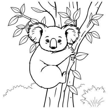 Şirin koala boyama sayfası. Etrafı yapraklarla çevrili bir ağaç. Çocuklar için mükemmel boyama kitapları eğitici vahşi yaşam materyalleri ve basılabilir sanat tasarımı.