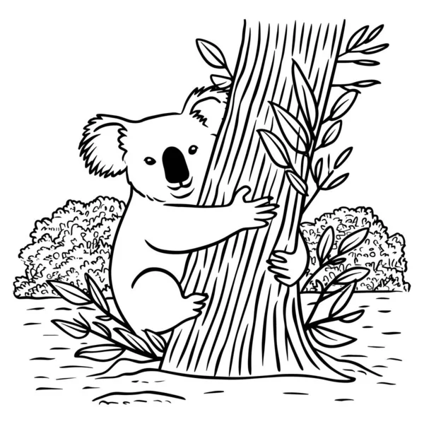 Şirin bir ayının doğa çizgisi tarzında bir ağaca sarıldığı sevimli bir koala vektör çizimi. Çocukları boyamak için mükemmel sayfalar, vahşi yaşam tasarımları ve eğitim projeleri. Posterler, basılabilir tablolar ve orman hayvanlarına odaklı dijital sanat eserleri için harika.