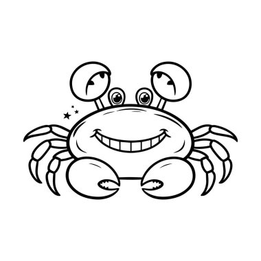 Mutlu yengeç çizgisi tasarımı. Kocaman gözleri ve geniş gülüşü olan sevimli bir deniz yaratığı. Çocukları boyamak için mükemmel sayfalar, okyanus temalı projeler, SVG el sanatları ve eğitim sanatı. Parmak izleri, çıkartmalar ve deniz yaban hayatı vektörü tasarımları için harika.